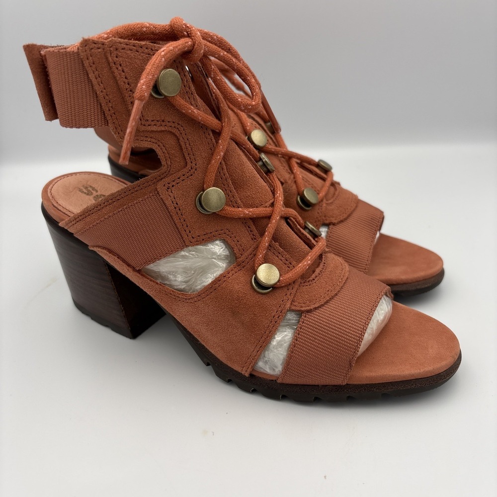 Sorel Leather Nadia Sandals Women 8.5 Heels Teak Strappy Buckles Boho Chic